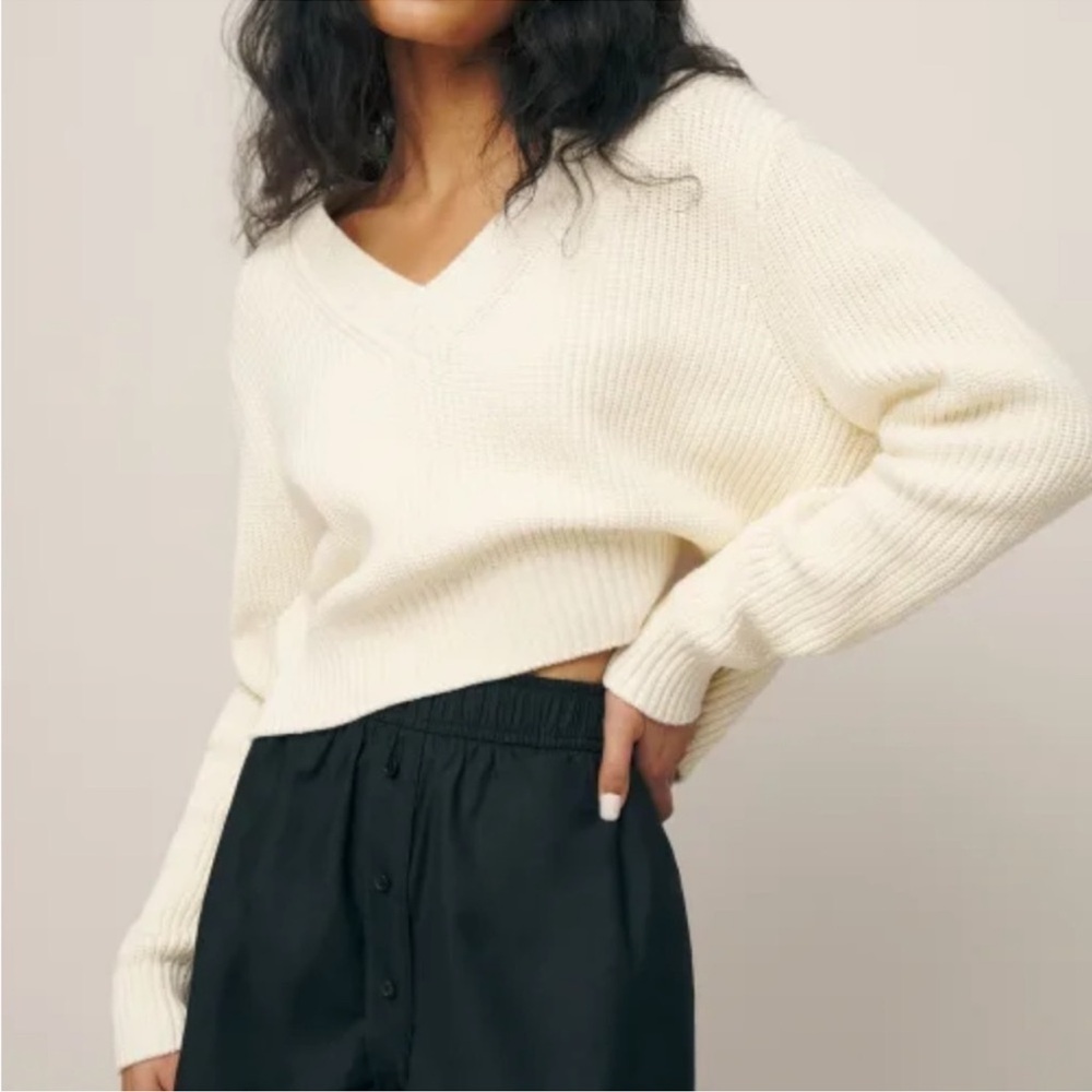Reformation Darcey Cropped Cotton V-Neck Sweater Cream Medium